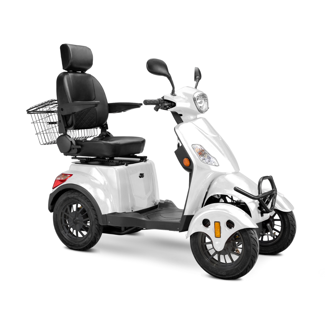 The Bespoke Prestige Recreational 4-Wheel Scooter features a white finish, large cushioned adjustable seat with armrests and high backrest, handlebars, front headlight, and a metal basket mounted on the back.